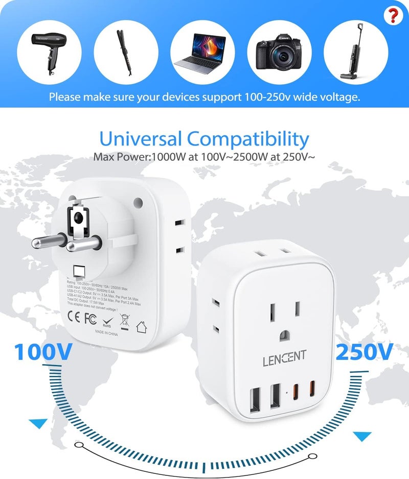Lencent محول طاقة للسفر من ألمانيا وفرنسا 3 حزمة، محول شوكو نوع E/F مع 4 منافذ USB (2 نوع C)، محول 4 مآخذ، من الولايات المتحدة إلى الاتحاد الأوروبي، إسبانيا، فرنسا، ألمانيا، اليونان، النرويج، آيسلندا، كوريا الجنوبية - Image 5